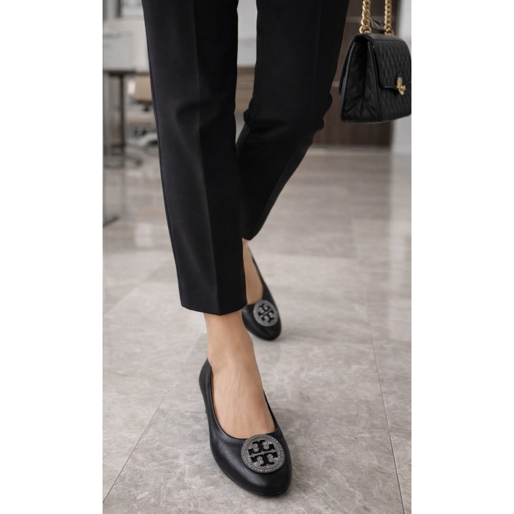 Tory Burch Liana Rhinestone Jewel Embellished Ballet Flats Black Leather Sz 6.5 - Picture 1 of 16